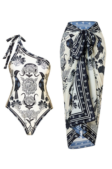 Black White Print One Shoulder Beach Swimsuit with Cover Up